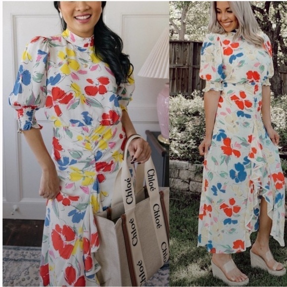 RIXO Floral Maxi Dress Mock Neck Cascade Ruffle Split - Picture 1 of 12
